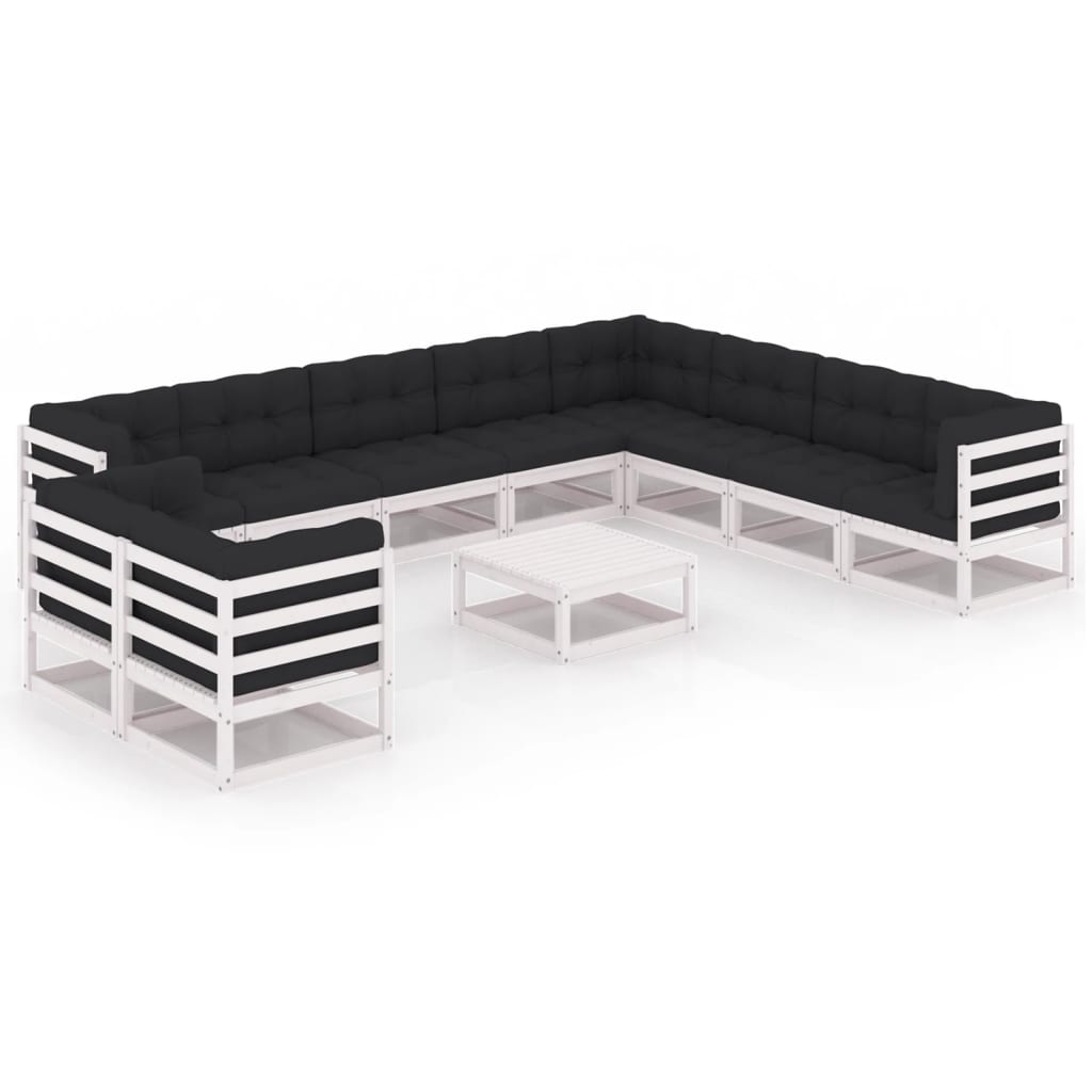 11-tlg. Garten-Lounge-Set mit Kissen Weiß Kiefer Massivholz