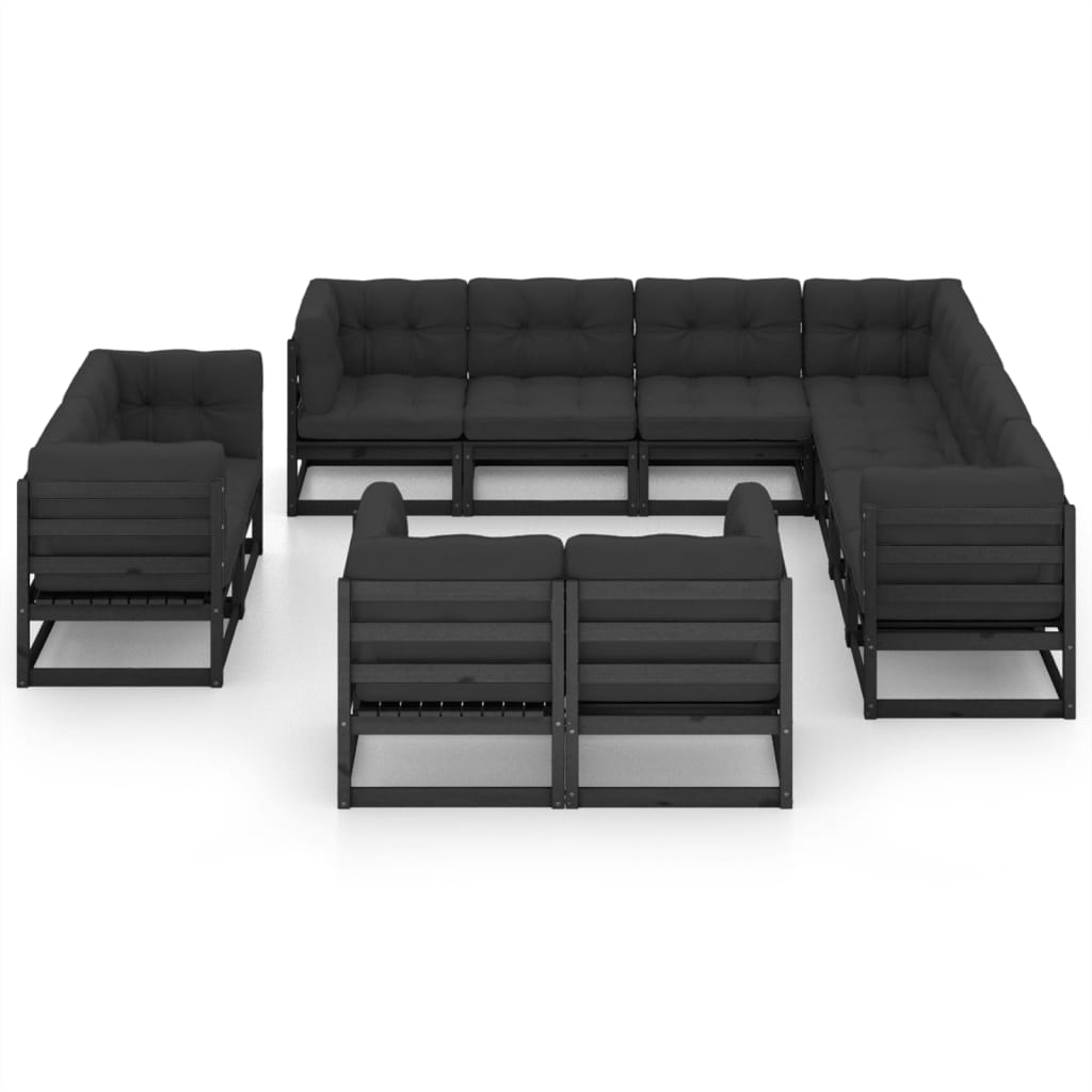 11-tlg. Garten-Lounge-Set mit Kissen Schwarz Massivholz Kiefer