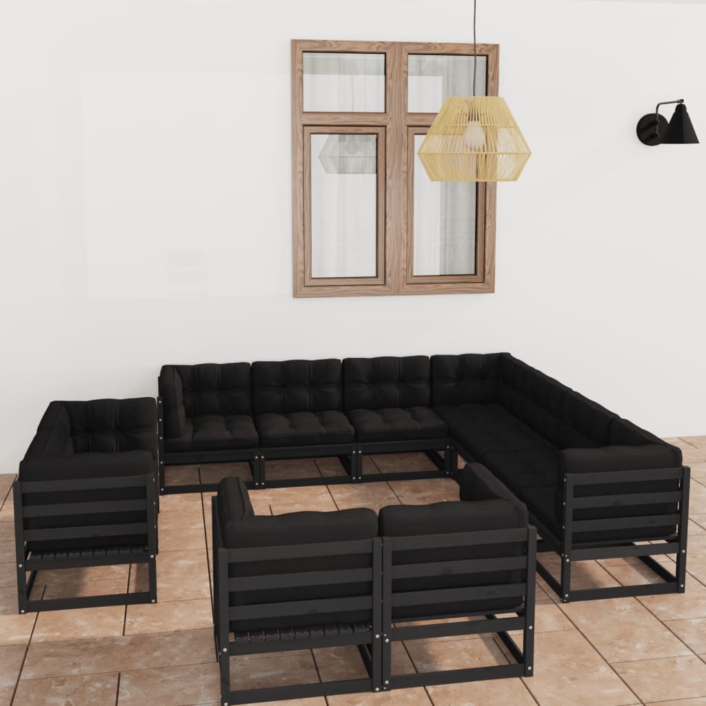 11-tlg. Garten-Lounge-Set mit Kissen Schwarz Massivholz Kiefer