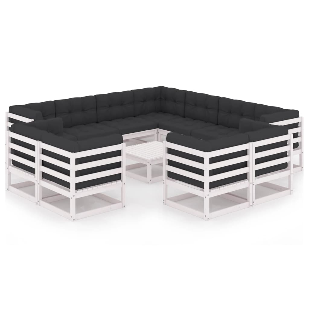 12-tlg. Garten-Lounge-Set mit Kissen Weiß Kiefer Massivholz
