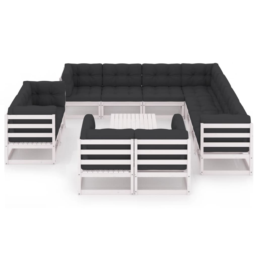 12-tlg. Garten-Lounge-Set mit Kissen Weiß Kiefer Massivholz