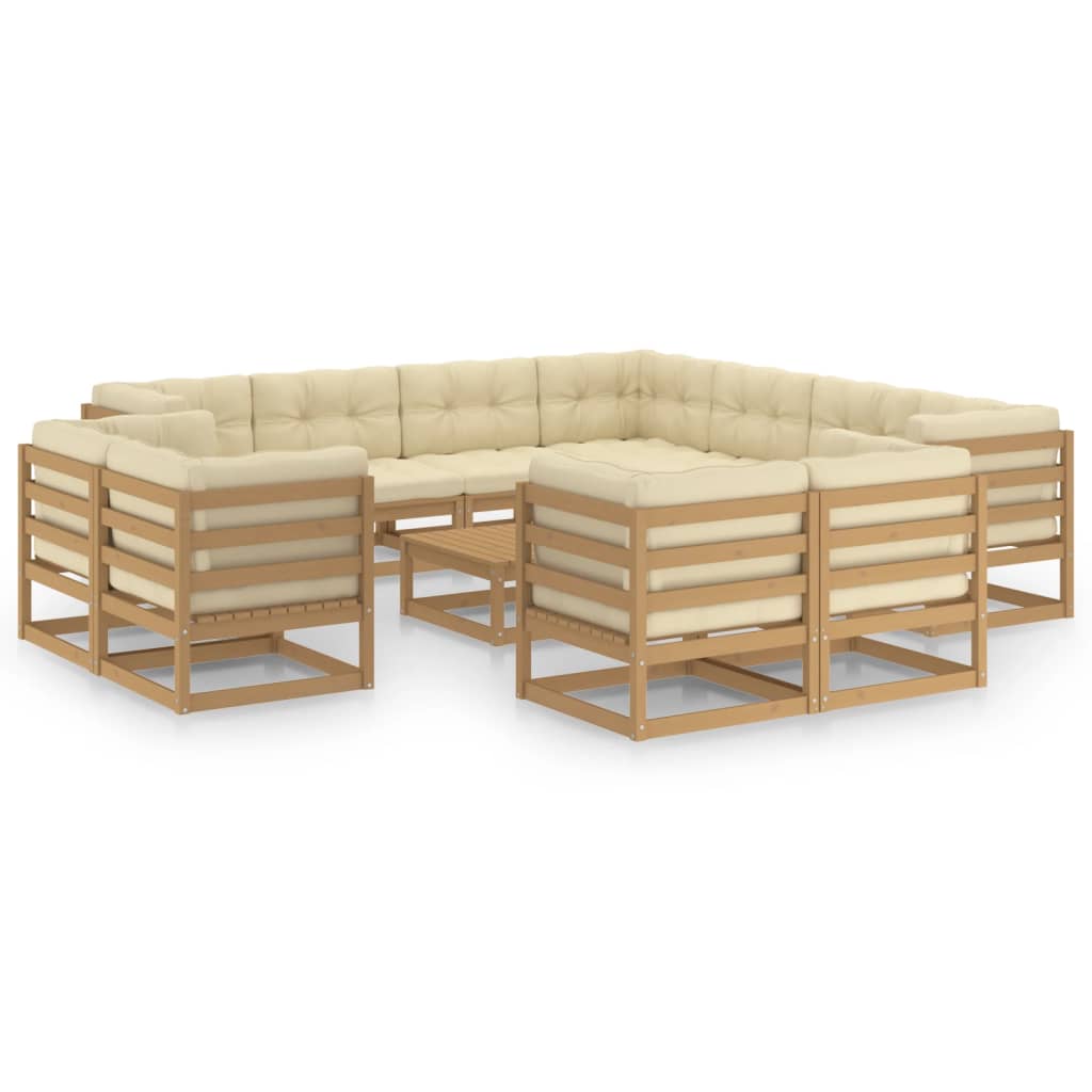 12-tlg. Garten-Lounge-Set Kissen Honigbraun Kiefer Massivholz