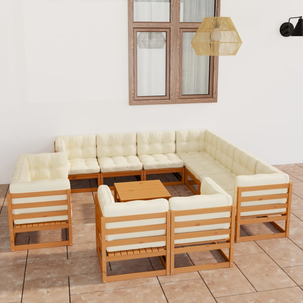 12-tlg. Garten-Lounge-Set Kissen Honigbraun Kiefer Massivholz