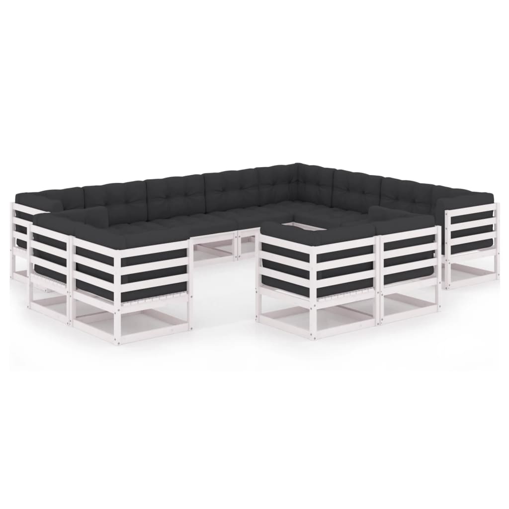 12-tlg. Garten-Lounge-Set mit Kissen Weiß Kiefer Massivholz