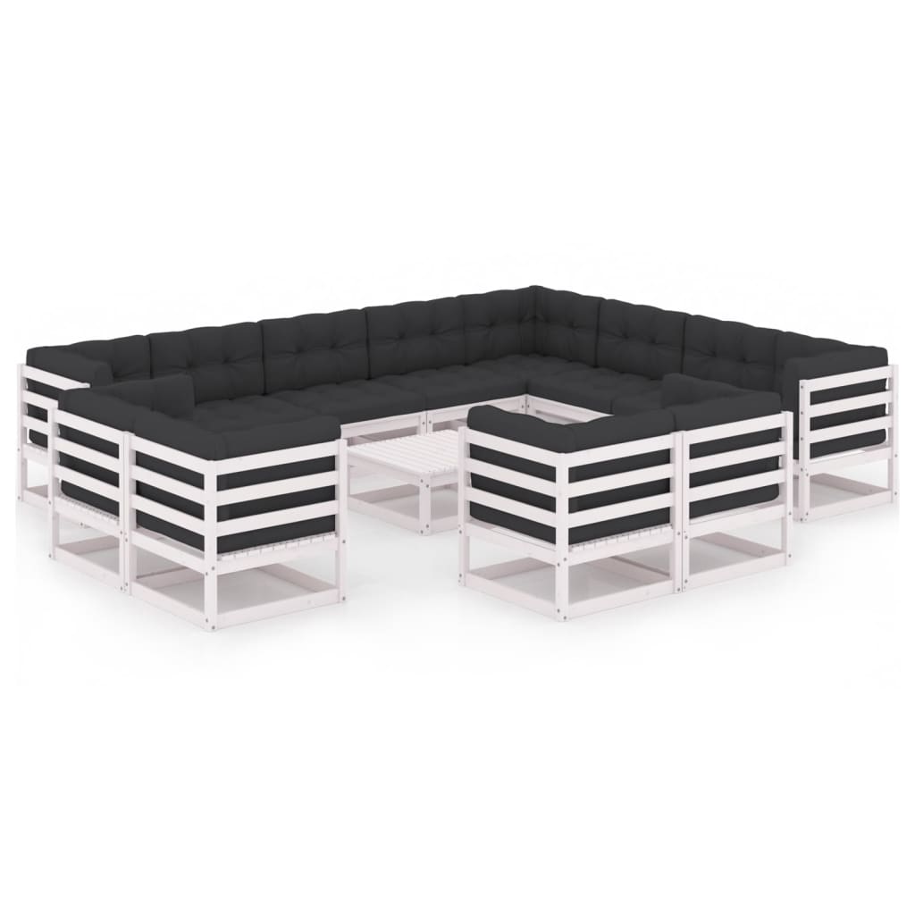 13-tlg. Garten-Lounge-Set mit Kissen Weiß Kiefer Massivholz