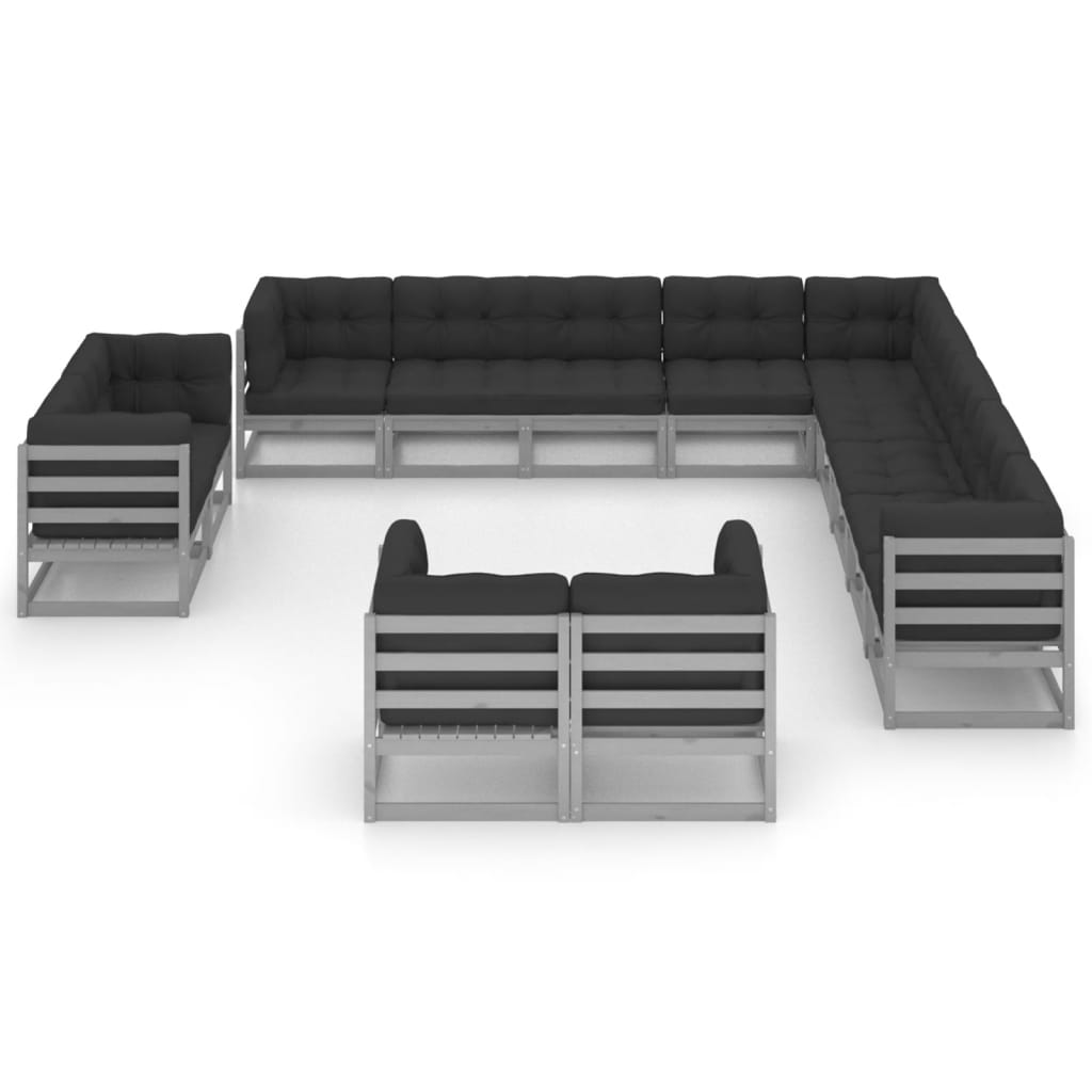 13-tlg. Garten-Lounge-Set mit Kissen Grau Kiefer Massivholz
