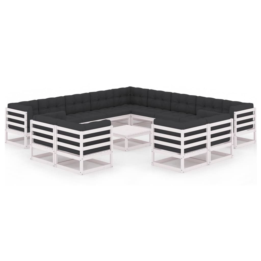 14-tlg. Garten-Lounge-Set mit Kissen Weiß Kiefer Massivholz