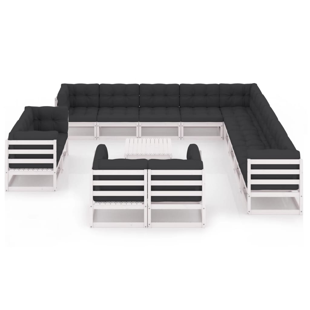 14-tlg. Garten-Lounge-Set mit Kissen Weiß Kiefer Massivholz