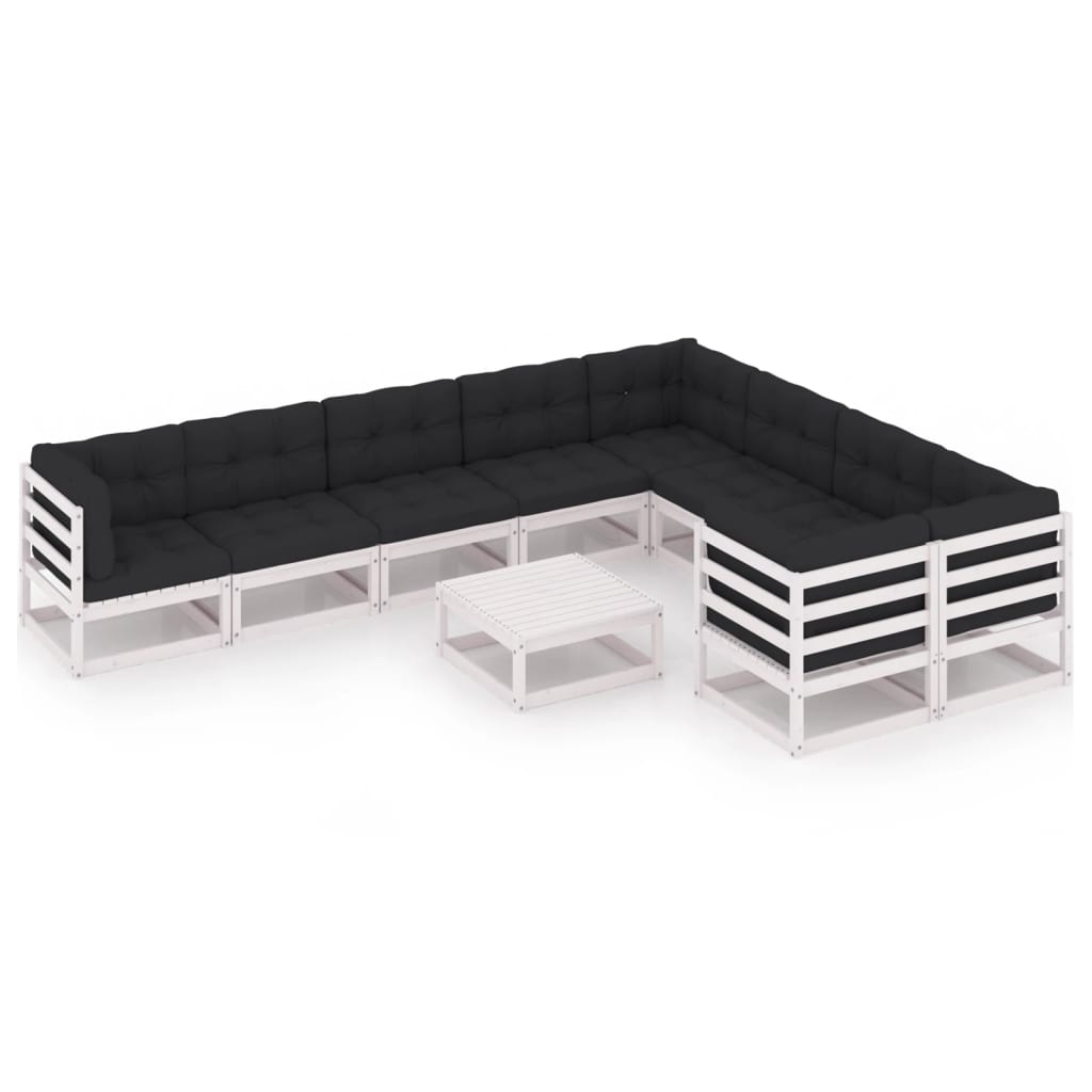 10-tlg. Garten-Lounge-Set mit Kissen Weiß Kiefer Massivholz