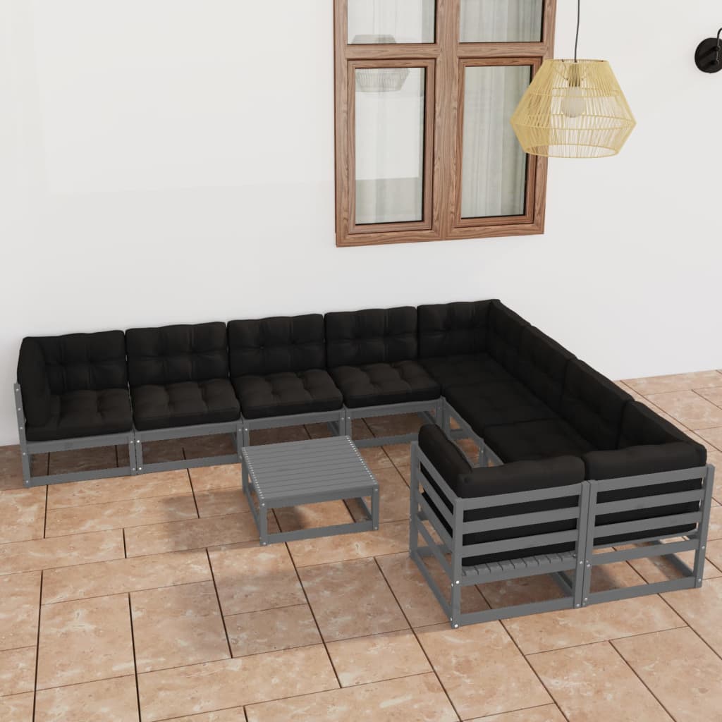 10-tlg. Garten-Lounge-Set mit Kissen Grau Kiefer Massivholz