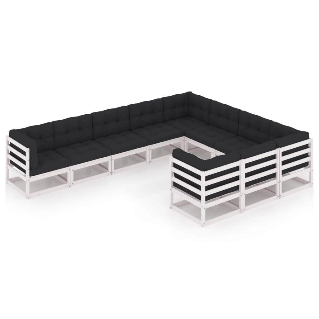10-tlg. Garten-Lounge-Set mit Kissen Weiß Kiefer Massivholz