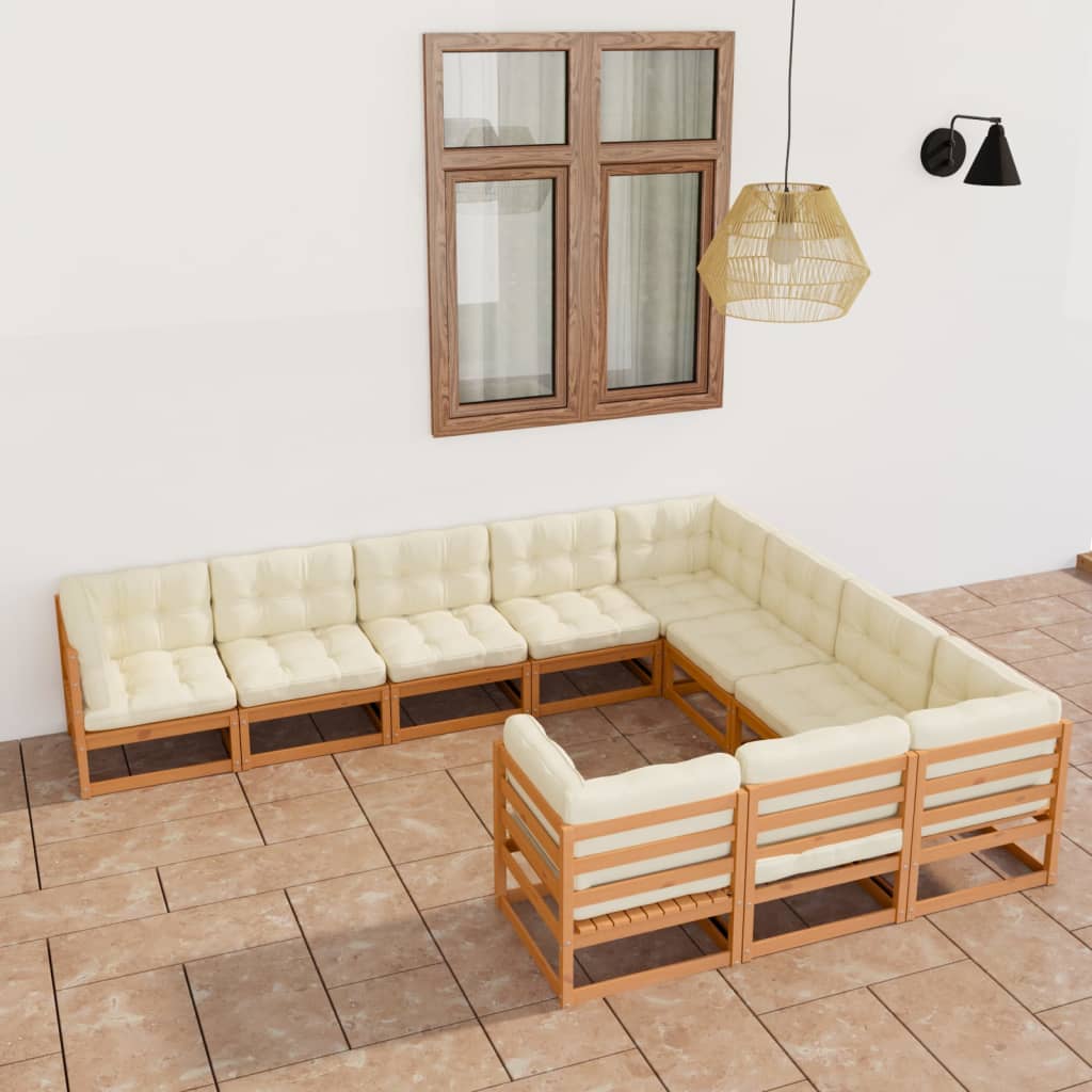 10-tlg. Garten-Lounge-Set Kissen Honigbraun Kiefer Massivholz