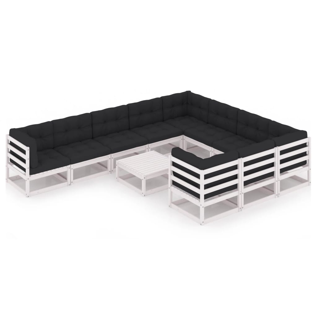 11-tlg. Garten-Lounge-Set mit Kissen Weiß Kiefer Massivholz