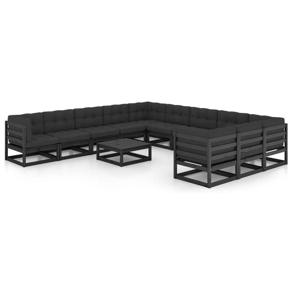 12-tlg. Garten-Lounge-Set mit Kissen Schwarz Kiefer Massivholz
