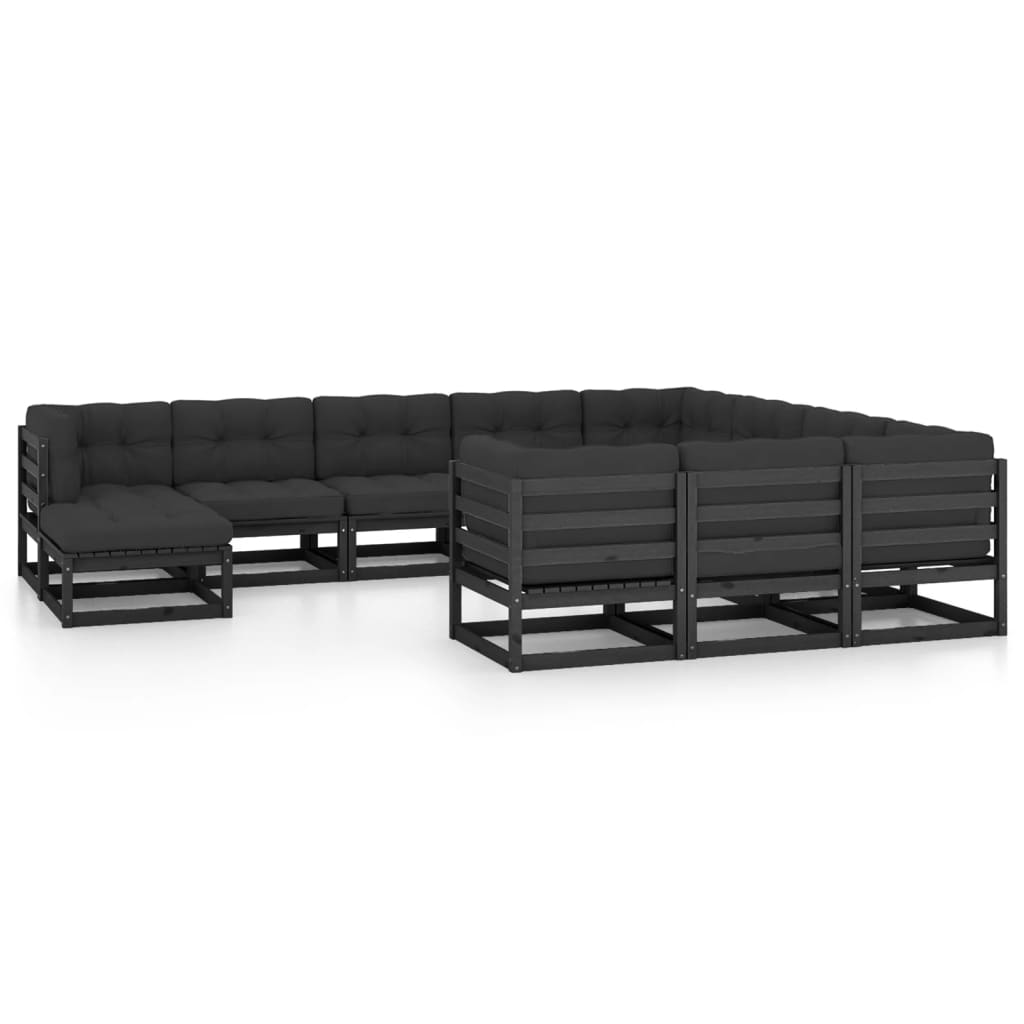 11-tlg. Garten-Lounge-Set mit Kissen Schwarz Massivholz Kiefer