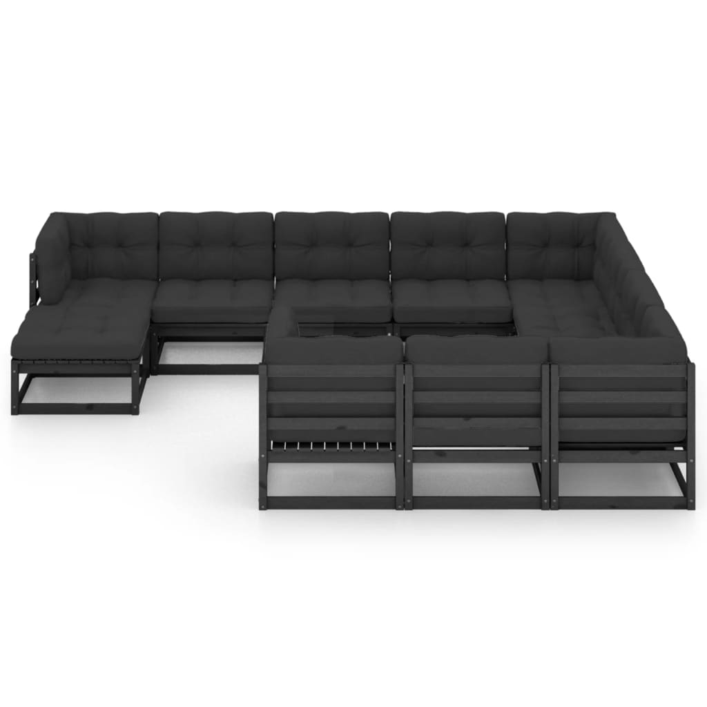 11-tlg. Garten-Lounge-Set mit Kissen Schwarz Massivholz Kiefer