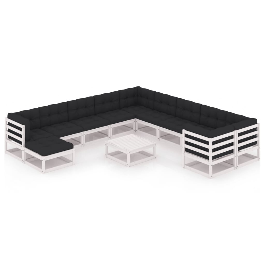 12-tlg. Garten-Lounge-Set mit Kissen Weiß Kiefer Massivholz