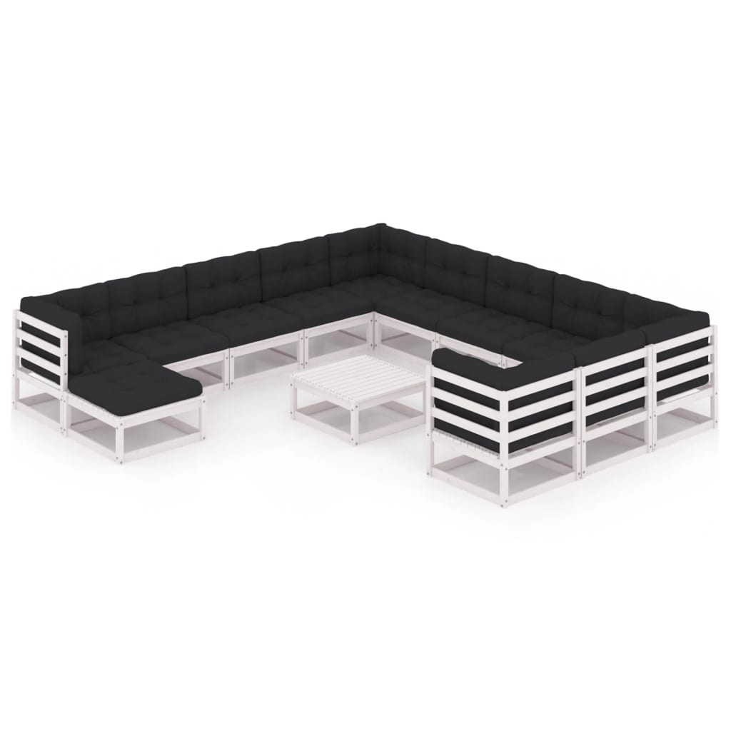 13-tlg. Garten-Lounge-Set mit Kissen Weiß Kiefer Massivholz