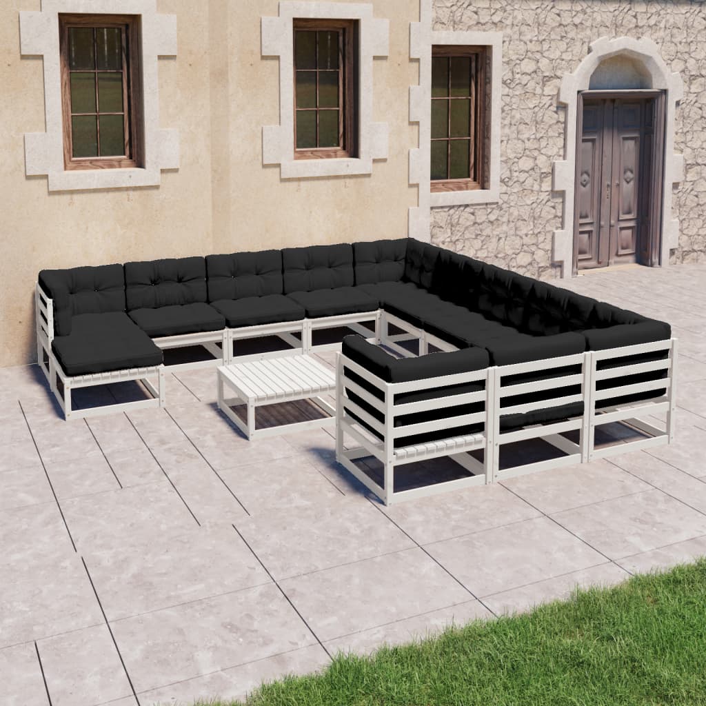 13-tlg. Garten-Lounge-Set mit Kissen Weiß Kiefer Massivholz