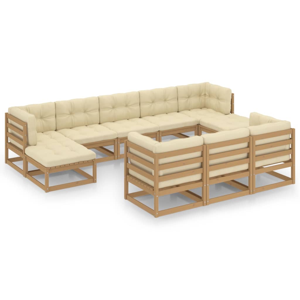 10-tlg. Garten-Lounge-Set Kissen Honigbraun Kiefer Massivholz