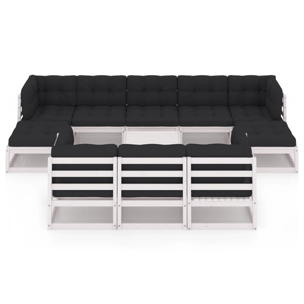 11-tlg. Garten-Lounge-Set mit Kissen Weiß Kiefer Massivholz