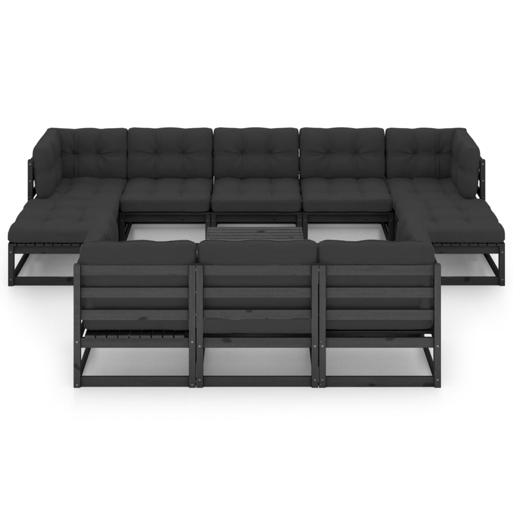 11-tlg. Garten-Lounge-Set mit Kissen Schwarz Massivholz Kiefer