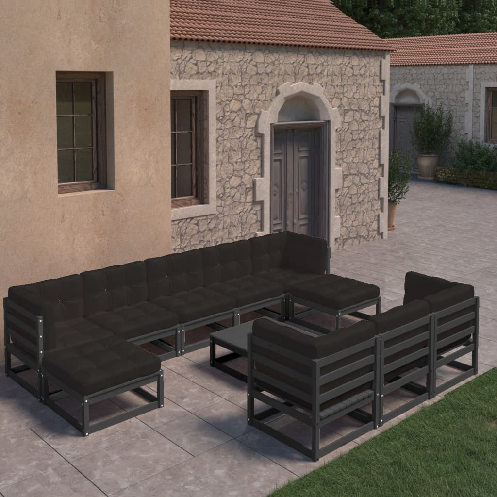 11-tlg. Garten-Lounge-Set mit Kissen Schwarz Massivholz Kiefer