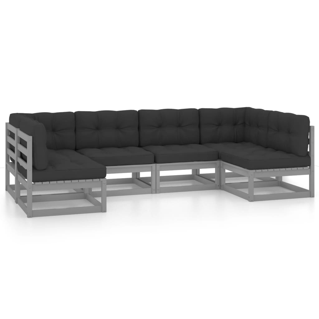 6-tlg. Garten-Lounge-Set mit Kissen Grau Kiefer Massivholz
