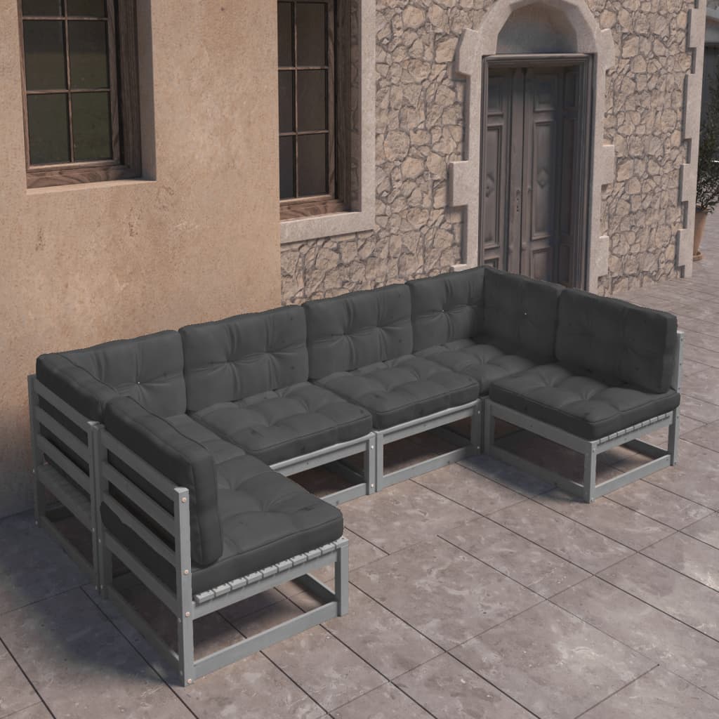 6-tlg. Garten-Lounge-Set mit Kissen Grau Kiefer Massivholz