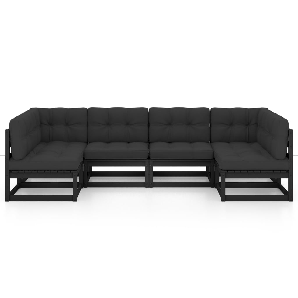 6-tlg. Garten-Lounge-Set mit Kissen Schwarz Massivholz Kiefer