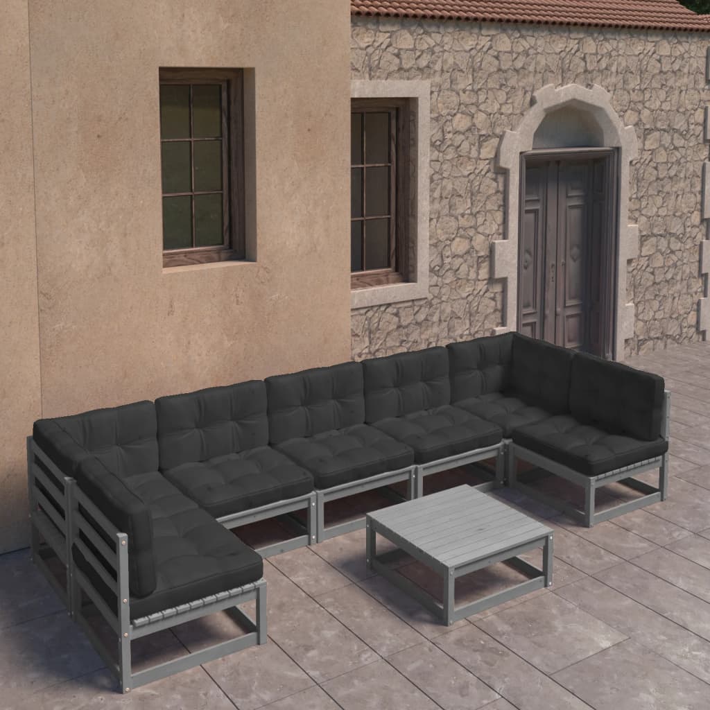 8-tlg. Garten-Lounge-Set mit Kissen Grau Kiefer Massivholz