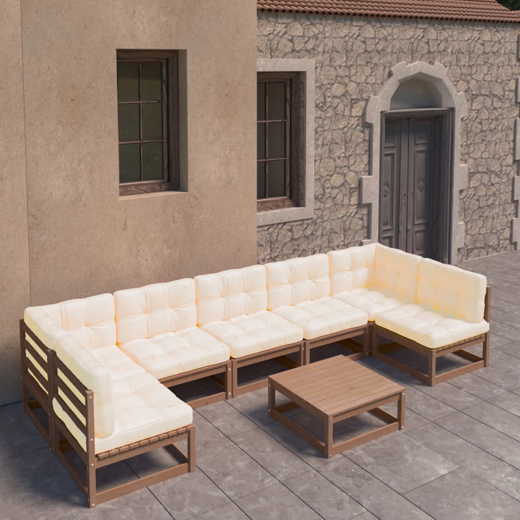 8-tlg. Garten-Lounge-Set Kissen Honigbraun Kiefer Massivholz