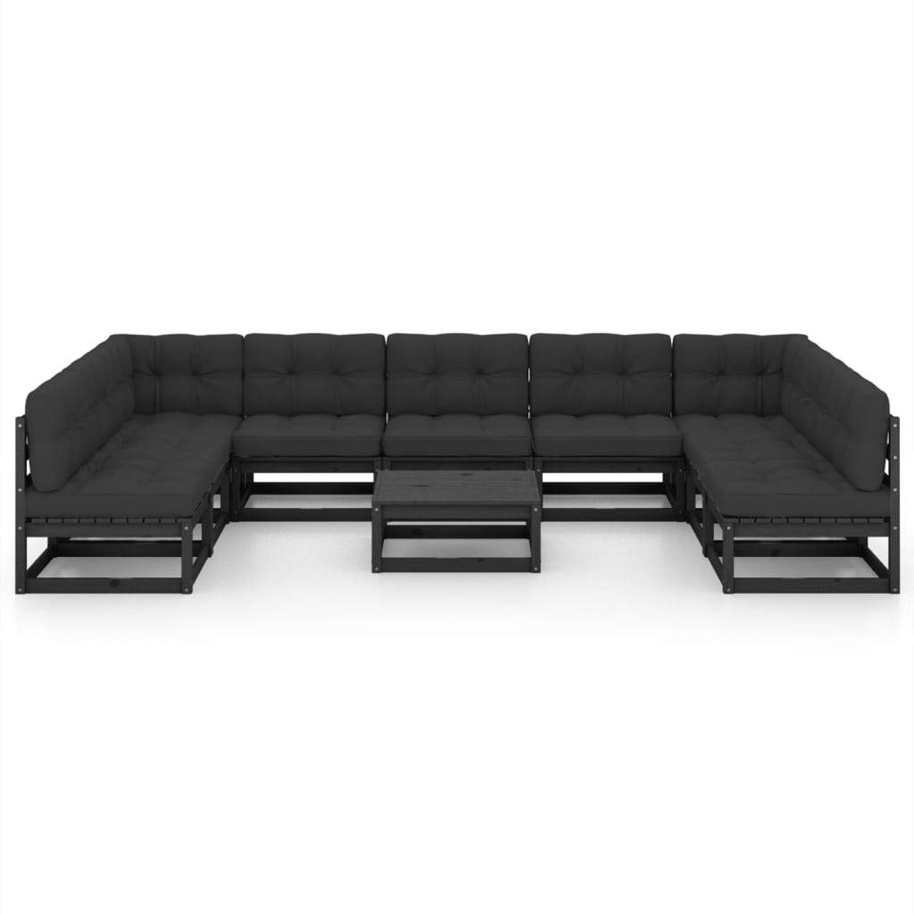 10-tlg. Garten-Lounge-Set mit Kissen Schwarz Kiefer Massivholz