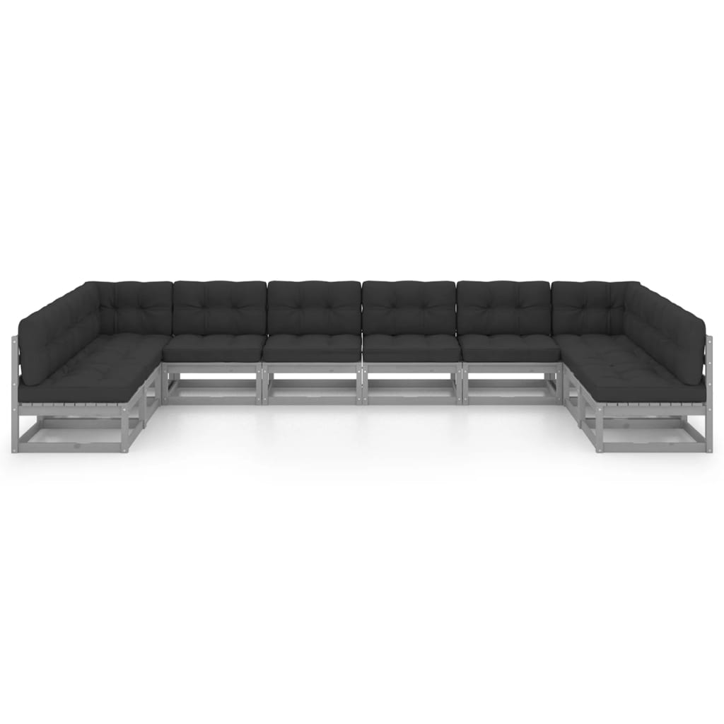 10-tlg. Garten-Lounge-Set mit Kissen Grau Kiefer Massivholz