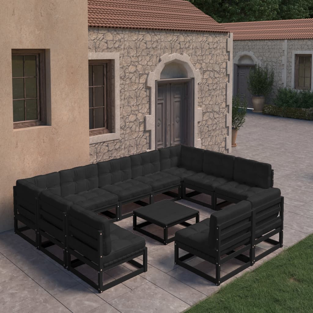 10-tlg. Garten-Lounge-Set mit Kissen Schwarz Kiefer Massivholz