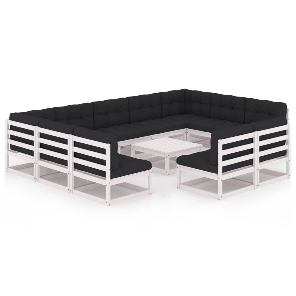 12-tlg. Garten-Lounge-Set mit Kissen Weiß Kiefer Massivholz