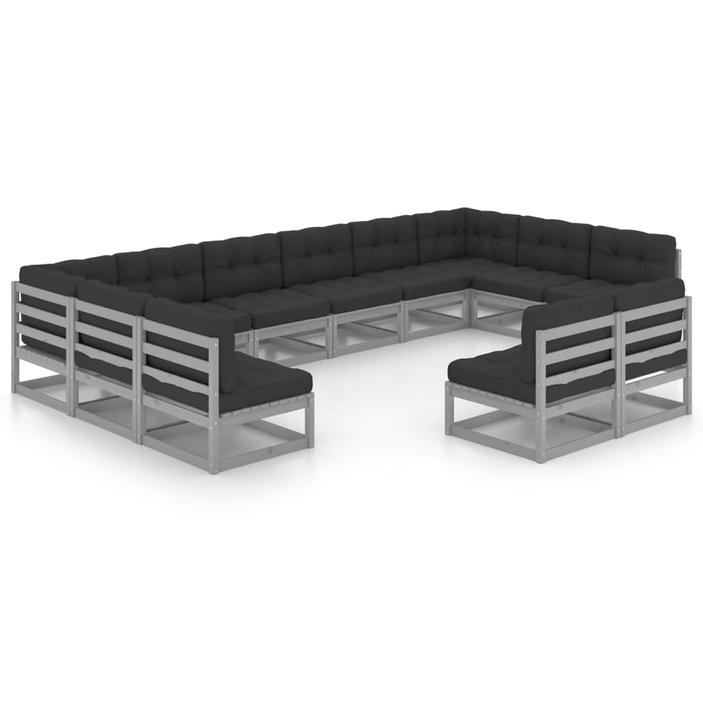 12-tlg. Garten-Lounge-Set mit Kissen Grau Kiefer Massivholz