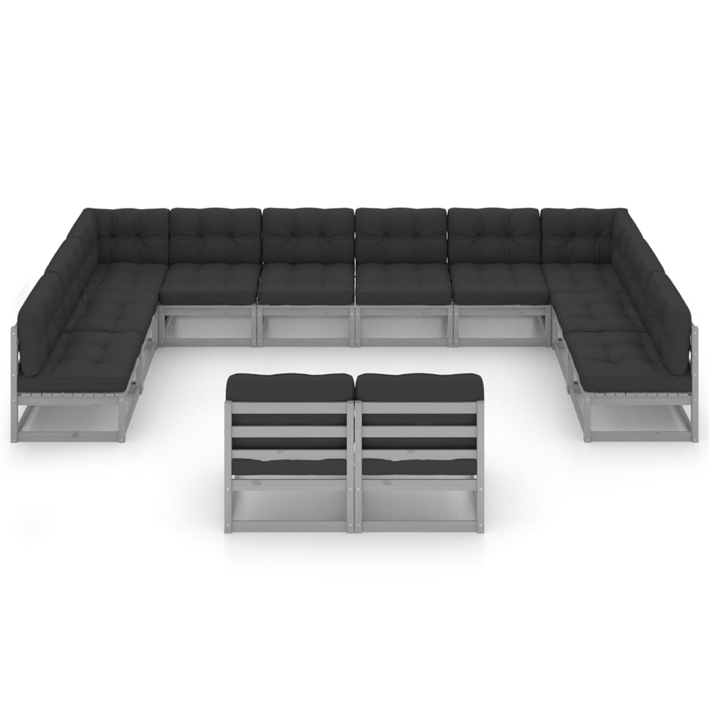 12-tlg. Garten-Lounge-Set mit Kissen Grau Kiefer Massivholz