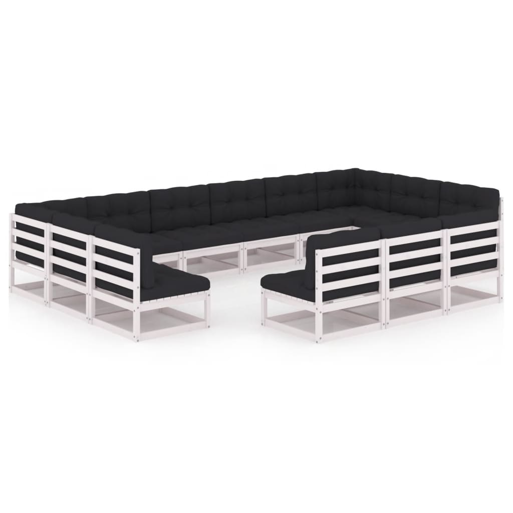 13-tlg. Garten-Lounge-Set mit Kissen Weiß Kiefer Massivholz