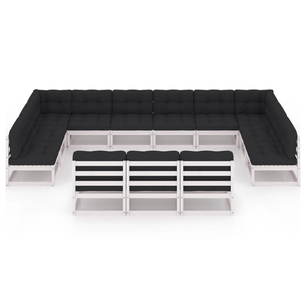 13-tlg. Garten-Lounge-Set mit Kissen Weiß Kiefer Massivholz