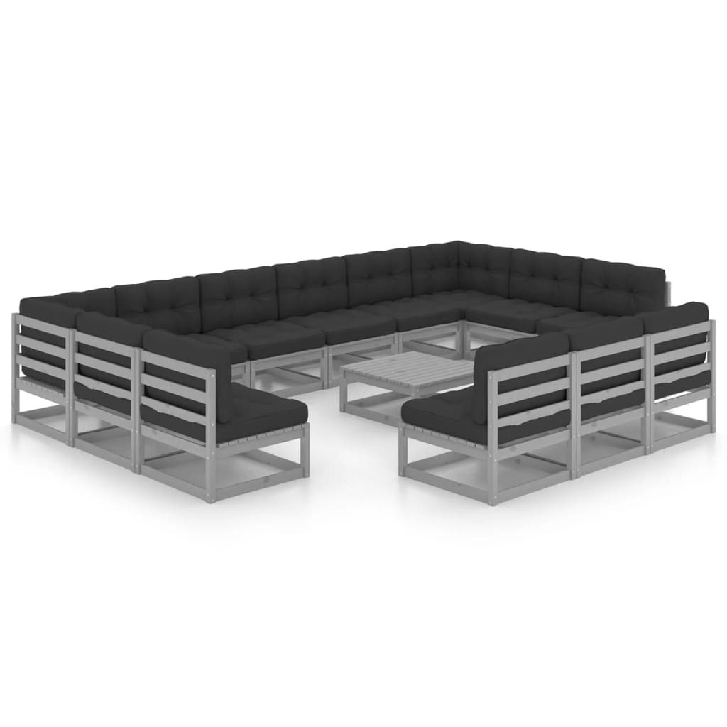 14-tlg. Garten-Lounge-Set mit Kissen Grau Kiefer Massivholz
