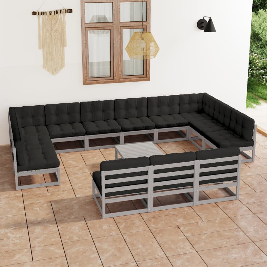 14-tlg. Garten-Lounge-Set mit Kissen Grau Kiefer Massivholz