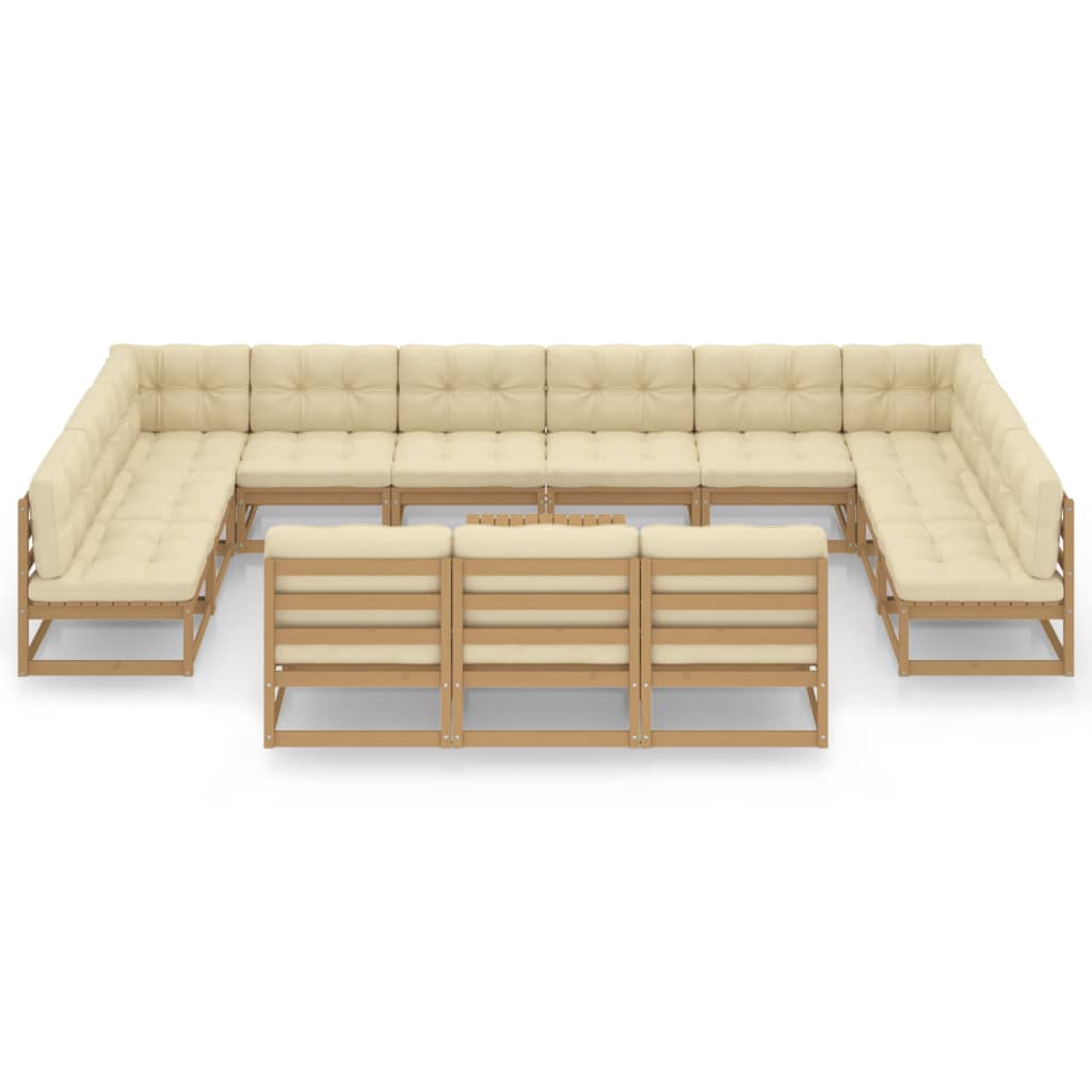 14-tlg. Garten-Lounge-Set Kissen Honigbraun Kiefer Massivholz
