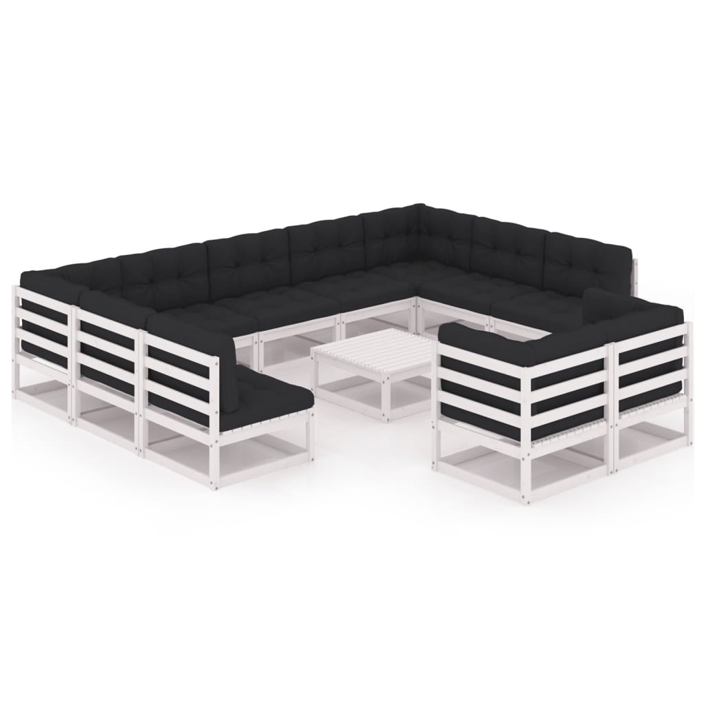 12-tlg. Garten-Lounge-Set mit Kissen Weiß Kiefer Massivholz