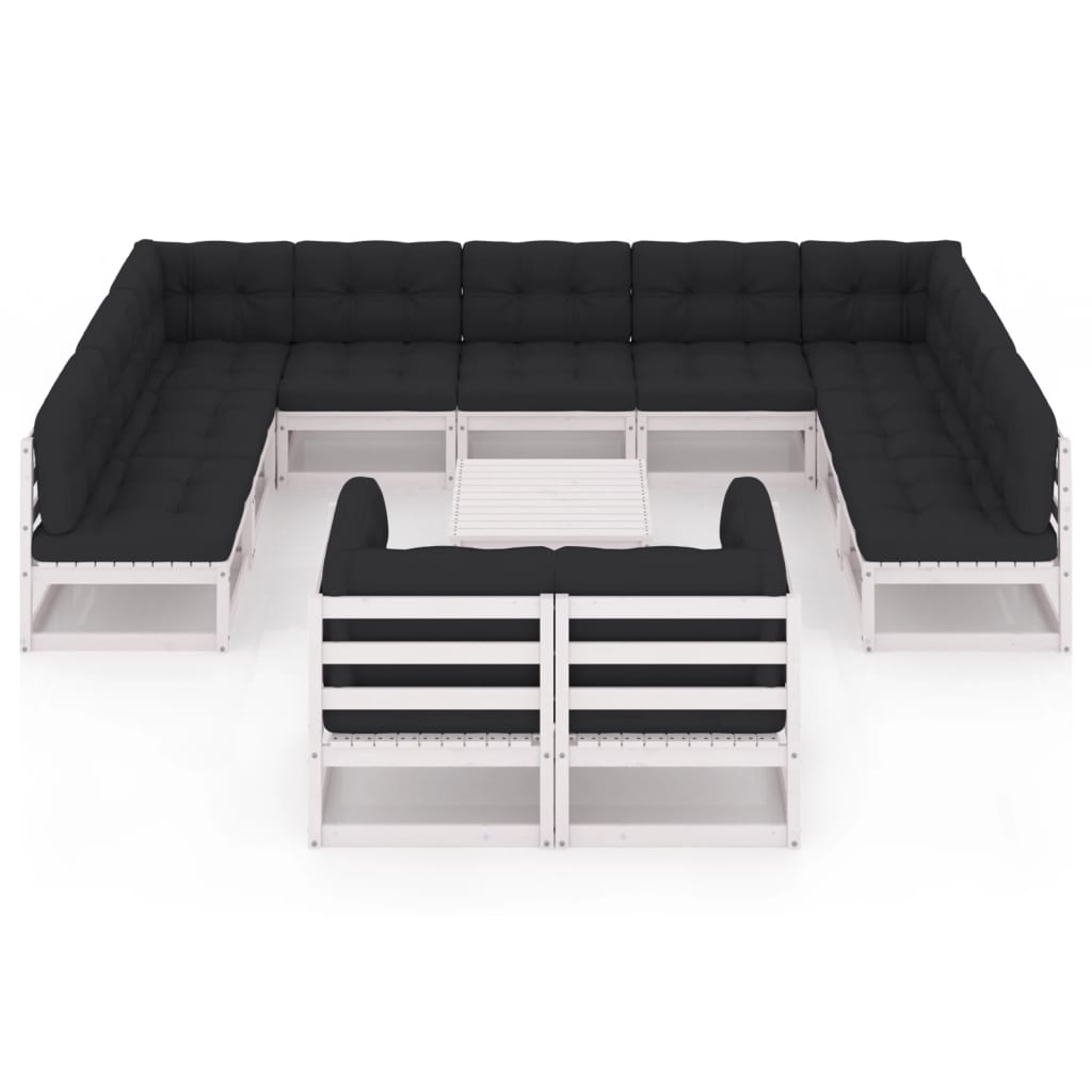 12-tlg. Garten-Lounge-Set mit Kissen Weiß Kiefer Massivholz