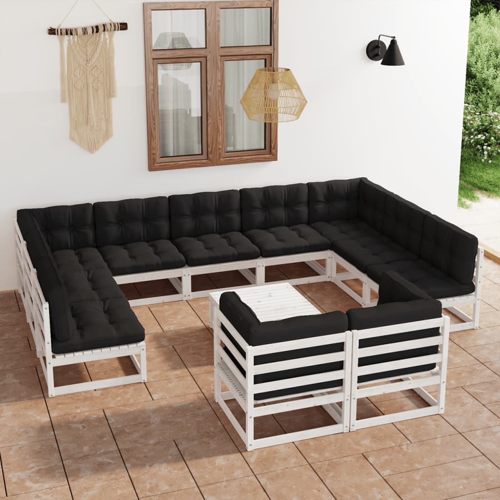 12-tlg. Garten-Lounge-Set mit Kissen Weiß Kiefer Massivholz