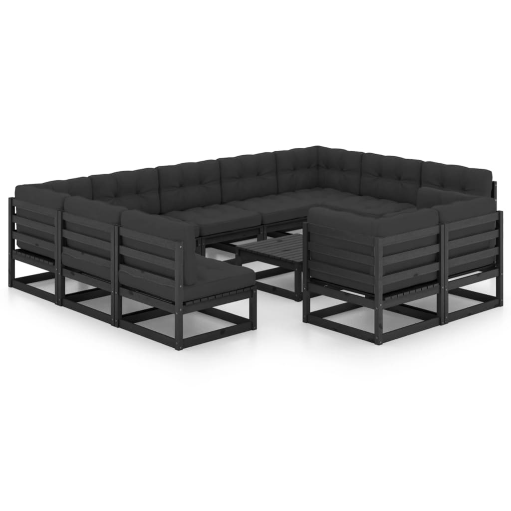 12-tlg. Garten-Lounge-Set mit Kissen Schwarz Kiefer Massivholz
