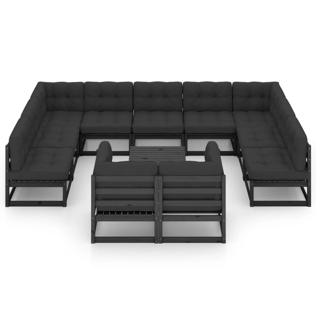 12-tlg. Garten-Lounge-Set mit Kissen Schwarz Kiefer Massivholz