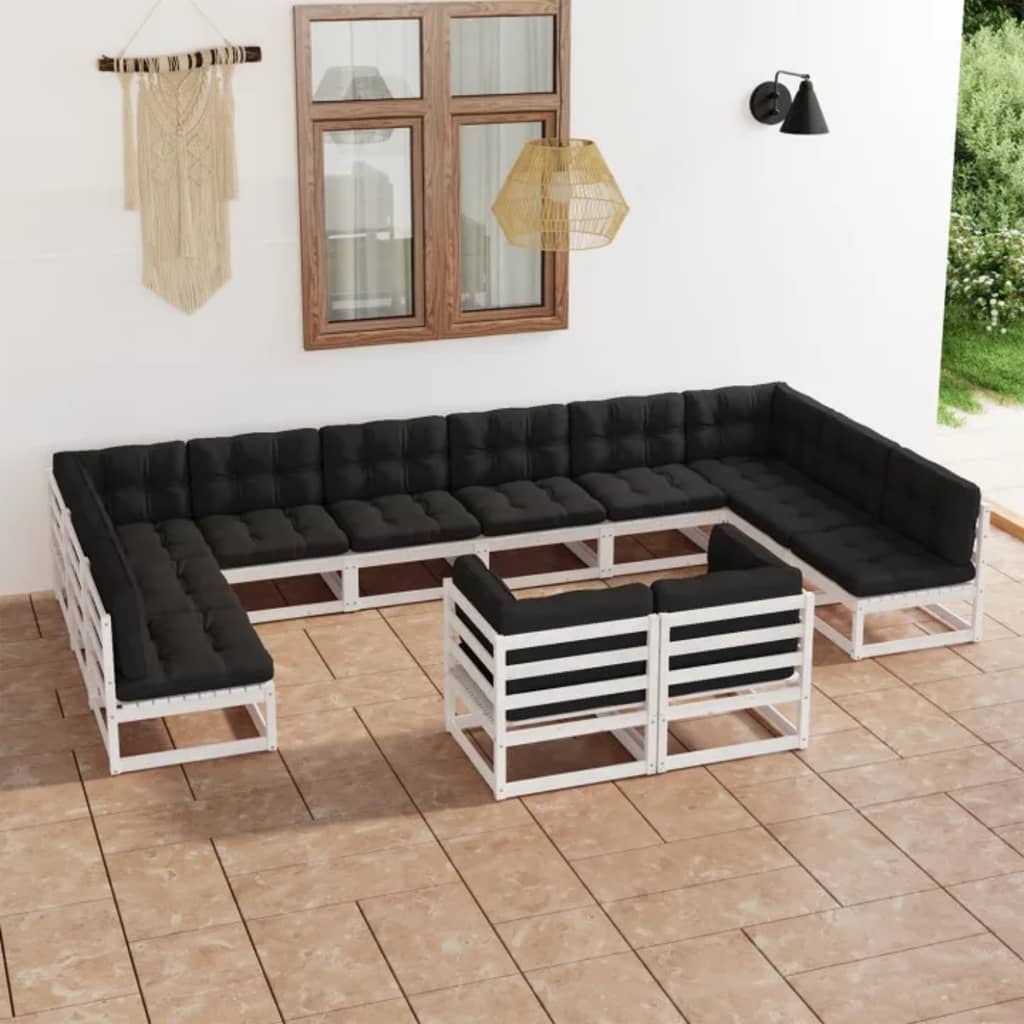 12-tlg. Garten-Lounge-Set mit Kissen Weiß Kiefer Massivholz