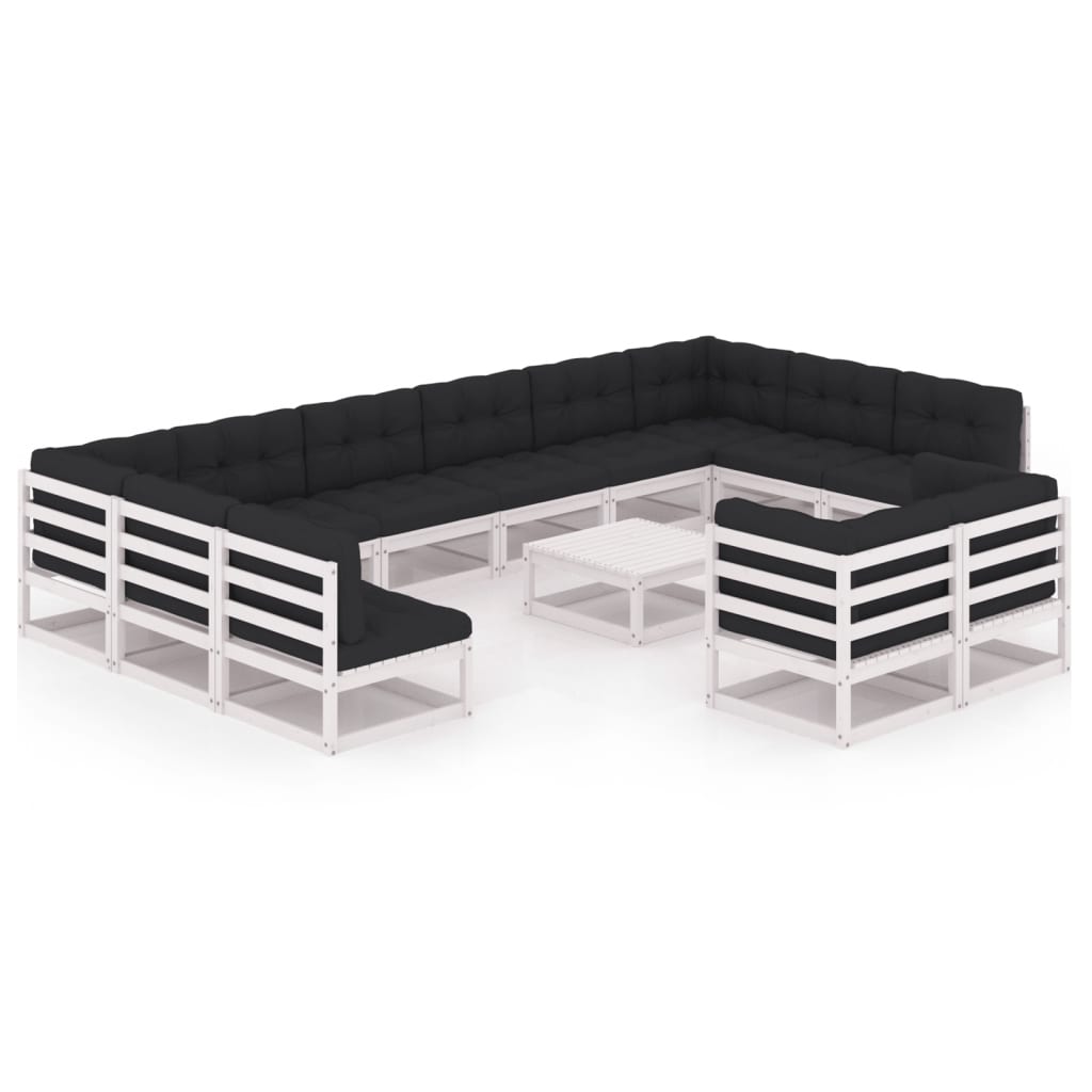 13-tlg. Garten-Lounge-Set mit Kissen Weiß Kiefer Massivholz